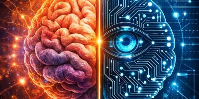 Half human brain with glowing neural activity, half digital AI circuitry with blue eye