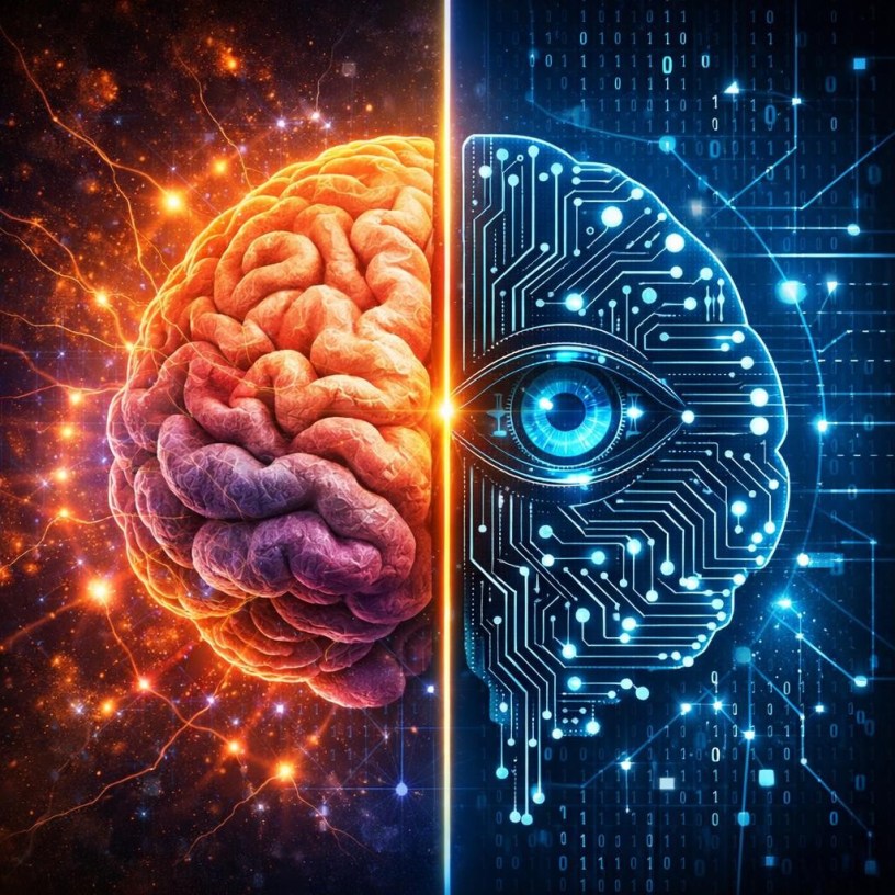 Half human brain with glowing neural activity, half digital AI circuitry with blue eye